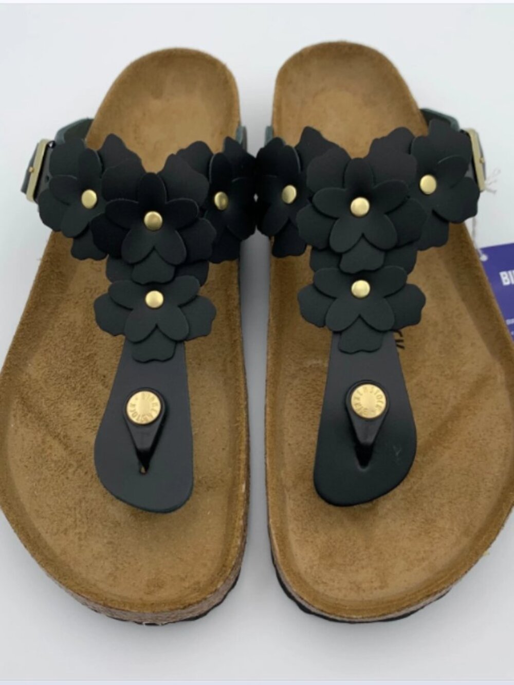 Birkenstock Gizeh Flower Embellishment Black Natural Leather Reg Width Sandals